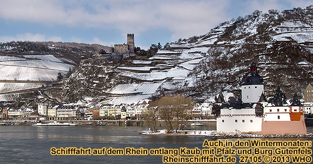 Auch in den Wintermonaten: Rheinschifffahrt entlang Kaub mit Pfalz im Rhein und Burg Gutenfels im Winterfahrplan.