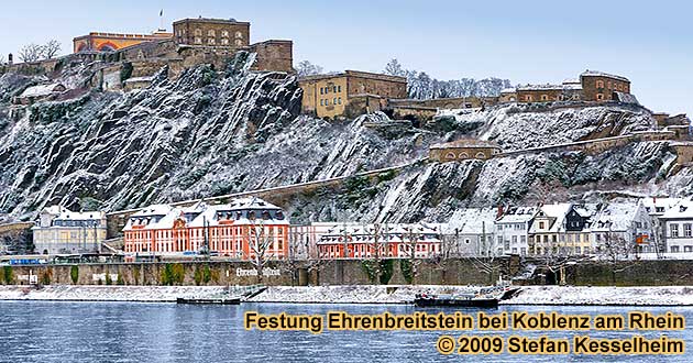 Rheinschifffahrt.de Burgen-Schlsser-Rour von Koblenz gegenber der Festung Ehrenbreitstein nach Braubach oder Stolzenfels