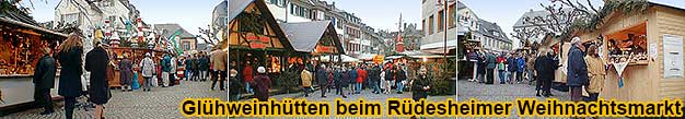 Weihnachtsmarkt der Nationen in Rüdesheim am Rhein. Glühweinhütten auf dem Marktplatz.